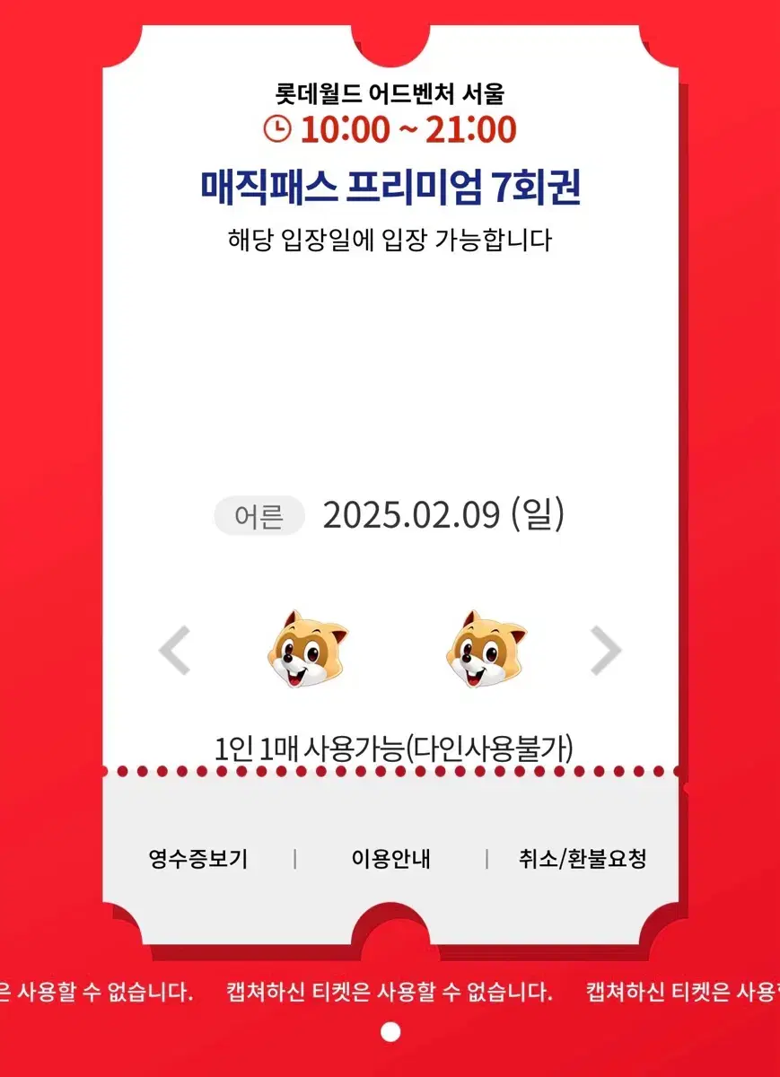 롯데월드 매직패스 2월 9일 7회권 양도